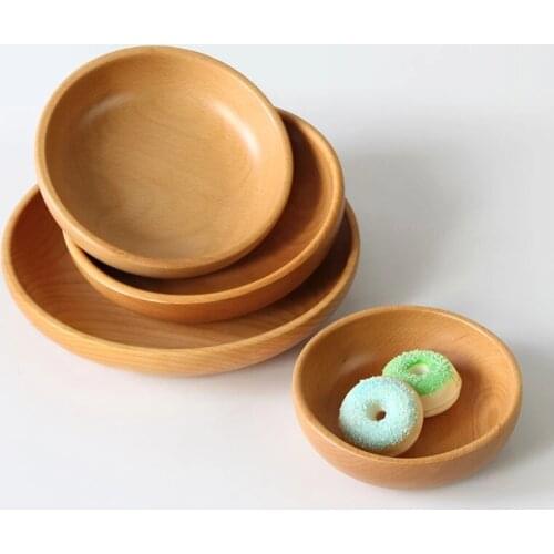 Solid Wooden Salad Soup Dining Plates Home Kitchen Storage Bowl