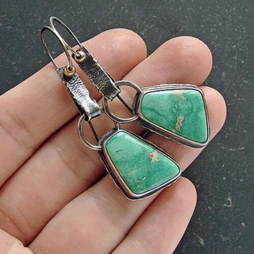 Vintage Turquoises Earrings Boho Tribal Antique Silver Color Handmade Metal Trapezoidal Big Green Stone Woman Earrings 2020