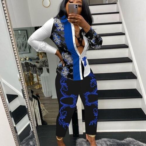 Vintage 2 Piece Set for Women Fall Outfits Turn-down Collar Button Shirts Top and Pant Sets Party Club Matching Sets Wholesale