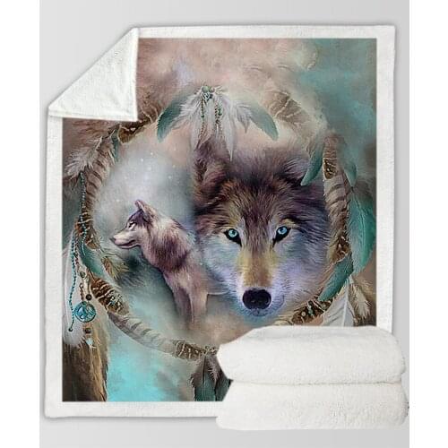 Wolf with Dreamcatcher Sherpa Throw Blanket 3D Mountains Scenery Bedspread Purple Brown Plush Weighted Blanket