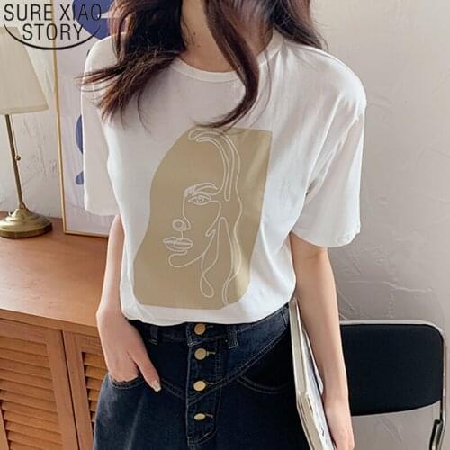 Summer 2021 Women T-shirt Fashion Short Sleeve Abstract Human Face Printed Women Tops White Tees O-neck Female Tops 9947