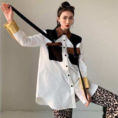 Retro British Tooling Style Shirt Loose Double Pocket Stitching Contrast Color Ribbon Shirt Spring And Autumn Womens Top