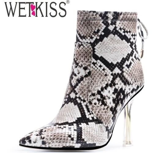 WETKISS Women Snake Print Crystal Heel Ankle Boot Stiletto High Heel Pointed Toe Booties Winter Boots For Women