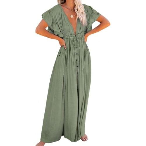 Bohemian Women Dress Solid Color Ruffle Sexy Deep Backless V Neck Maxi Dresses Drawstring Short Sleeve Plus Size Dress Beach