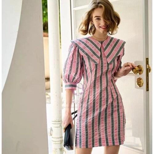 Women Dress 2021 Early Autumn New Retro Color Matching Striped Doll Collar Puff Sleeve Female Dress