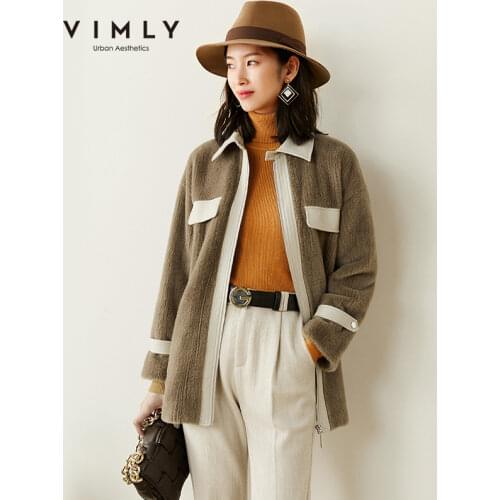 Vimly Winter Wool Coat For Women Fashion Patchwork Zipper Pockets Drop-shoulder Overcoat Elegant Ladies Jackets Blends F3989