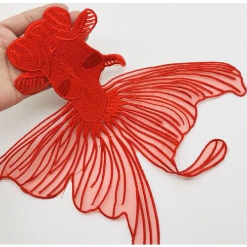 1PCS Big Organza Red Fish Patch DIY Clothes Accessories DIY Cloth Sew On Fashion Patches for Clothing Size 24cm*27cm