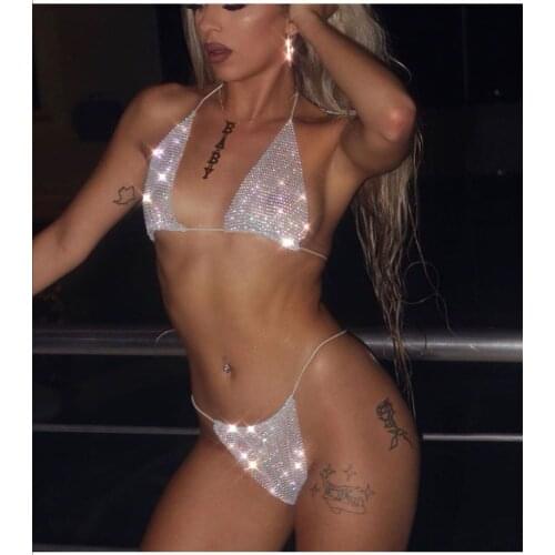 2021 Bling Rhinestones Sequins Mesh Sheer Bikini Set Women Halter Push Up Bathing Suit Sexy Swimwear Beach Thong Bikini 2 Piece