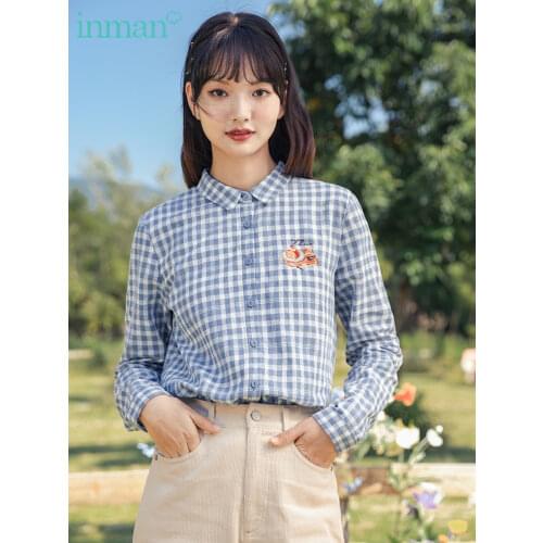 INMAN 2021 Spring New Arrival Cotton Lovely Afternoon Tea Bright Line Embroidered Plaid Literature Art Long Sleeve Retro Womens