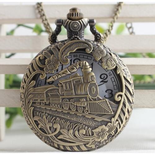 Bronze antiques locomotive Hollow out Classic nostalgic quartz jewelry mens and woman pocket watch chain gift