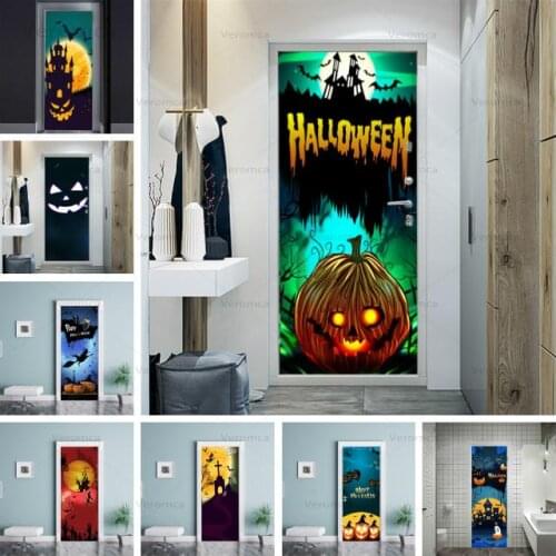 Halloween Decor Door Sticker Pumpkin Castle Door Poster for Entrance Gate Decorative Adhesive Sticker 3D Wallpaper Home Decor