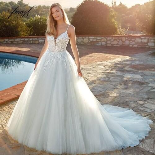 Fmogl Sexy Sweetheart Backless Lace Vintage Wedding Dresses 2021 Appliques Spaghetti Straps Court Train A Line Bridal Gowns