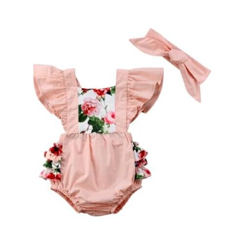 Newborn Kids Baby Girls Ruffles Sleeve Floral Print Bodysuit Jumpsuit Outfits Clothes Size 0-24M