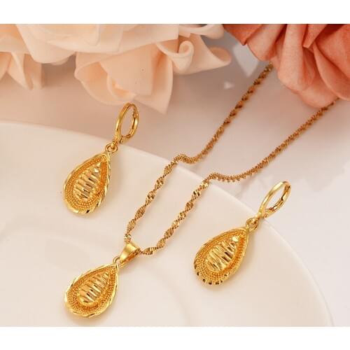 African gold pendant Necklace Earring Set Women wedding bridal Party Gift Waterdrop charms women girls Fine Jewelry gift