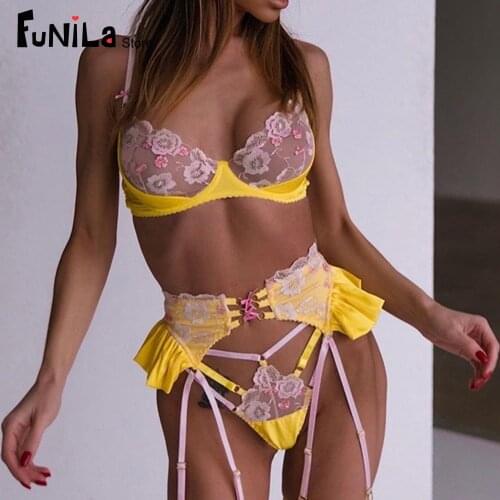 Underwear Lingerie Set Women See Through Lace Nightwear Sexy Floral Patchwork Embroidery Push Up Bra Three Pieces Under Wear Sex