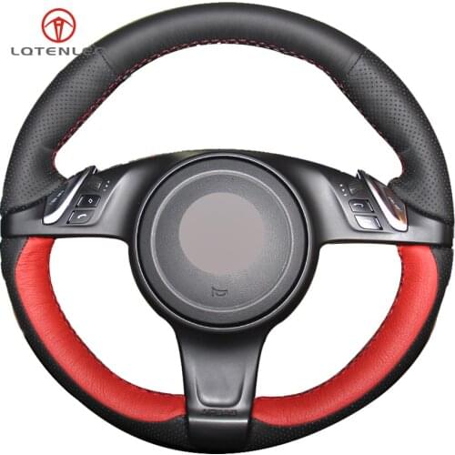 LQTENLEO Red Black Leather Steering Wheel Cover For Porsche Cayenne 2010-2014 Panamera Cayman 2010-2016 911 Boxster 2009-2015