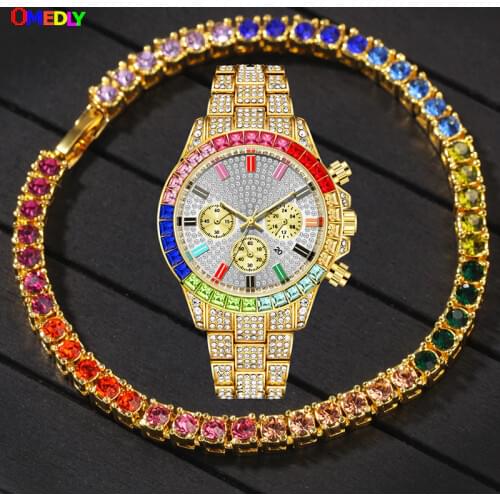 Set Full Iced Out men Watch Chain Bracelet Luxury Diamond Watch Hip Hop for Men Waterproof Wristwatch Relojes Hombre