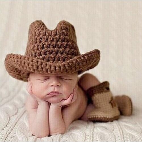 Newborn Baby Boy Crochet Cowboy Photography Clothes Infant Babies Photo Shoot Outfits Costume Baby Shower Gift fotoshooting Prop