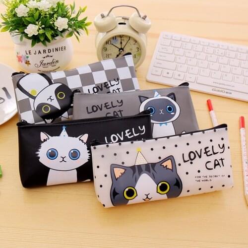 1 Pcs Kawaii Cartoon Cat PU Pen Bags Student Stationery Gift School Learning Cute Zipper Pencil Case Supplies