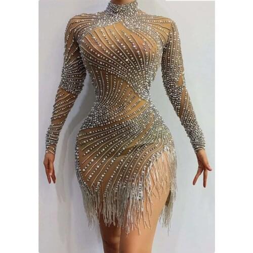 Sexy Women Dancer Dress Long Sleeves Silver Rhinestones Fringe Transparent Mirror Dress Birthday Outfit Dress Singer Dancewear
