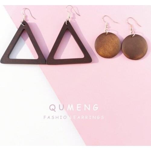 QUMENG 2020 New design woman earrings handmade wood earring triangle/round National style fashion Exaggerated geometry jewelry
