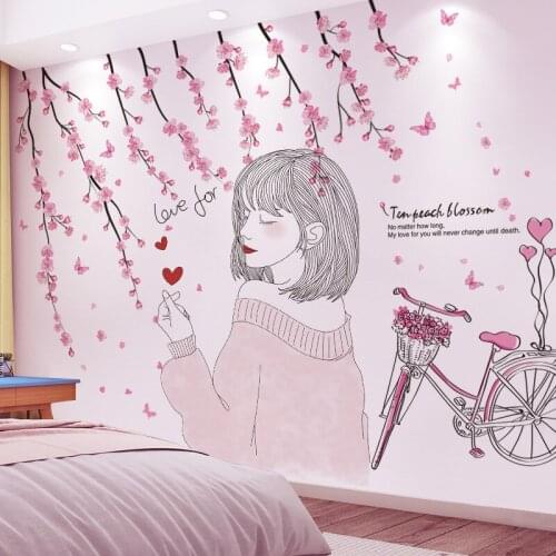 [shijuekongjian] Cartoon Girl Wall Stickers DIY Peach Flowers Bicycle Mural Decals for House Kids Rooms Nursery Decoration