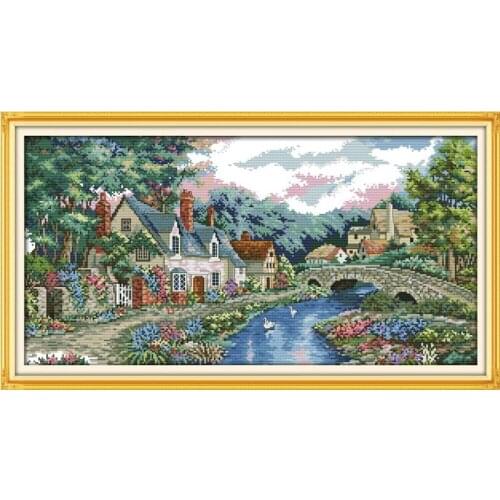 The Peaceful Countryside Mountain Water Tree Printed Patterns Cross Stitch Kits Embroidery Needlework Sets Cross-Stitch Hafty