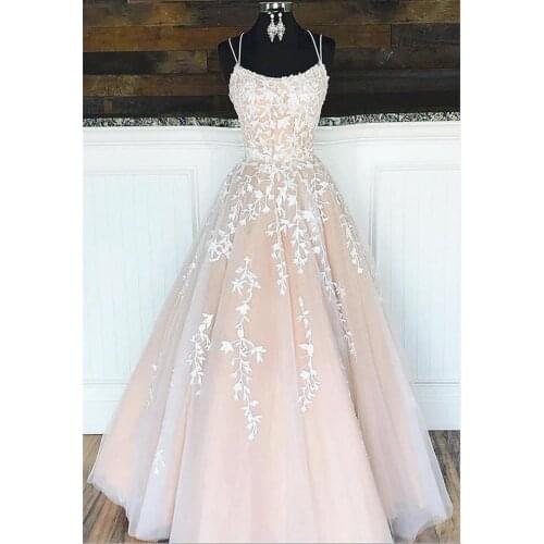 Evening Dresses Scoop Neck A-line Backless Evening Party Gowns Spaghetti Straps Lace Appliques Formal Dresses Robe De Soiree