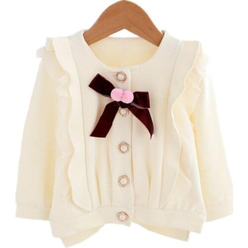 Spring and Autumn Children Coat Bow Decoration Baby Lace Patchwork Top Outerwear Solid Color Long-Sleeve Cardigan For Girls