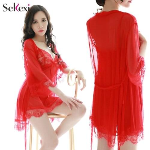 Women Pajama Set Sexy Lingerie Lace Transparent Long Nylon Nightgown Dress Underwear Erotic Halter Breast Exposing Sleepwear Sex