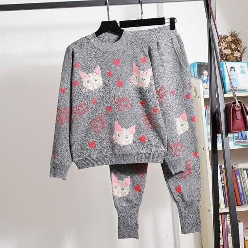 Set Female Fashion Cat Print Long Sleeve Knitted Sweater Pencil Pants Tracksuit Female 2pc Loose Casual Knit Two Piece Outfits