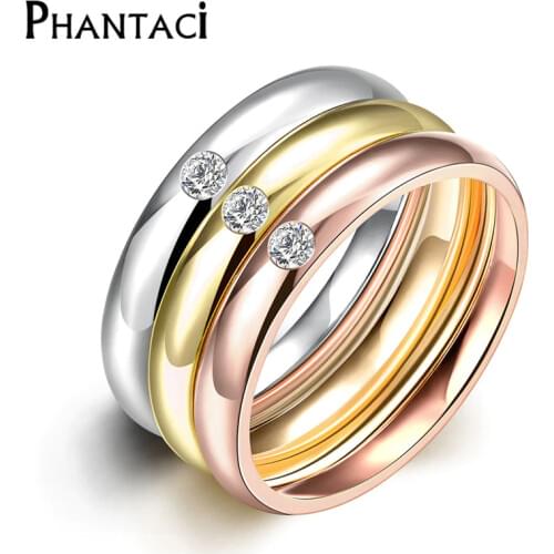 3 PCS/Set Zircon 316L Stainless Steel Wedding Rings For Women Gold Color Crystal Titanium Engagement Finger Rings Female 2018