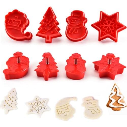 Hot New 4pcs Cookie Stamp Biscuit Mold 3D Cookie Plunger Cutter DIY Baking Mould Christmas Cookie Cutters Color Random Dropship