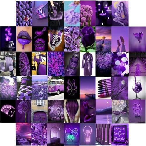 50Pcs Purple Theme Picture Wall Collage Set Purple Background Image Flower Trinkets Firework Postcard Wall Paper for Home Decor