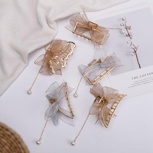 Bow Ribbon Pearl Pendant Tassel Hair Accessories Headdress Metal Grab Clip Hair Clip Shark Clip on the Back of the Head