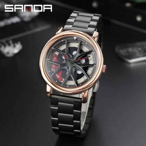 SANDA Watch Men Top Brand New Fashion Car Wheel Rotating Dial Quartz Watches Waterproof Stainless Steel Mens Watch Reloj Hombre