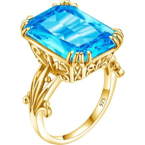14K Gold Color Genuine Blue Topaz Ring 925 Sterling Silver Rings For Women Wedding Engagement Ring Silver 925 Gemstones Jewelry