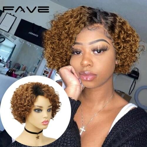 FAVE Short Curly Wigs Pixie Cut Human Hair Wig For Women #1B Brown Brazilian Remy Hair High Density Glueless Side Part Human Wig