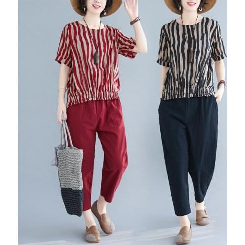 Fashion Womens Suit 2020 Summer Plus Size Loose Cotton and Linen Sets Stripe Tops And Casual Pants 2 pcs Sets Womens Clothing