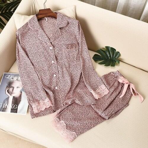 Leopard Print Women Pajama Set Ice Silk Soft Touch Long Sleeve Suit Pyjamas