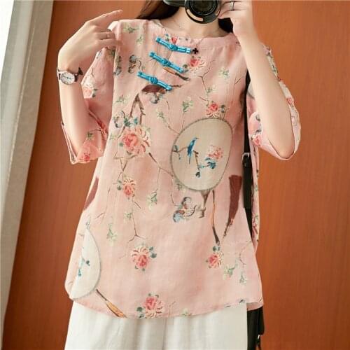 Summer Women Chinese Style Retro Blouse Print Tops Casual Cotton Linen Shirt Traditional Hanfu Elegant Fashion Oriental Clothing