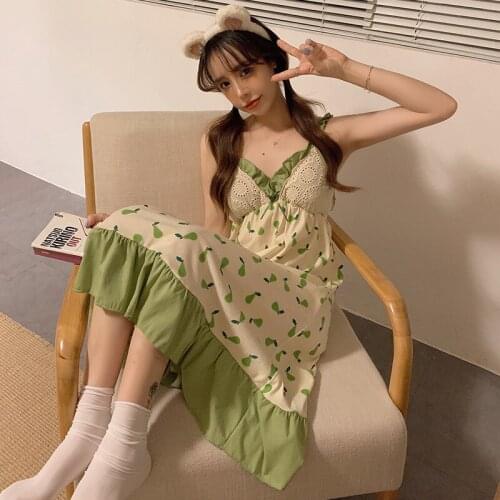 Summer Womens Night Dress Sexy Nightgowns Cotton Sleepwear Ruffle Spaghetti Strap Sleep Skirts Pijamas With Chest Pad Homewear