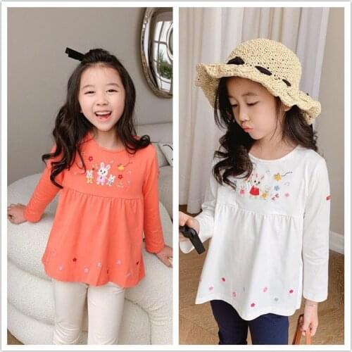 Girls' bottoming shirt, 2021 spring newest cute rabbit embroidery baby shirt, cotton comfortable long-sleeved T-shirt