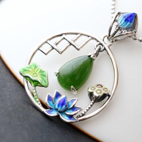 Silver Wholesale Handmade Natural Jasper Pendant Retro Thai Silver Cloisonne S925 Sterling Silver Fashion Ladies Pendant