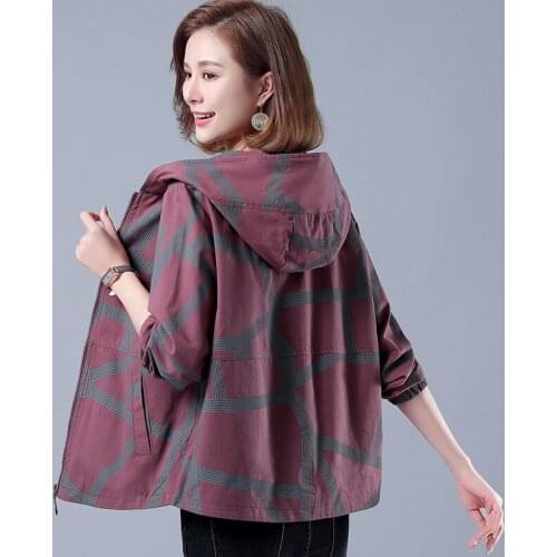 Spring Autumn Female Lining Hooded Coat Plus Size 5XL Loose Long Sleeve Trench Coats Printed Womens Short Windbreaker Outwear