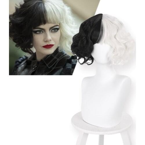 2021 New Cruella De Vil Kuila Wig Half Black Half White Small Short Curly Cosplay Wigs Prop