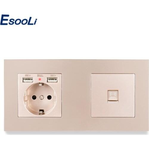 Esooli 3 Colors Plastic Panel EU Standard Electric Socket with 2 USB + 1 Gang RJ45 Internet Jack CAT5E Connector 172*86mm Outlet