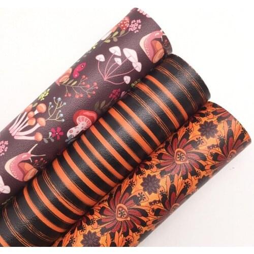 Halloween Stripes Daisy Mushroom Snails Printed Synthetic Faux Vinly Leather Fabric Sheets Felt Backing Bows DIY 21X29CM 6S69