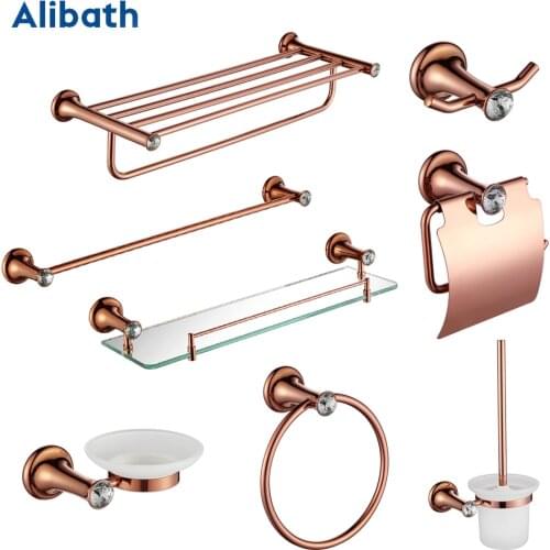 Luxury Rose Gold Bathroom Accessories Brass Wall Mounted Toilet Brush Paper Towel Holder Rack Glass Shelf Bath Hardware Set