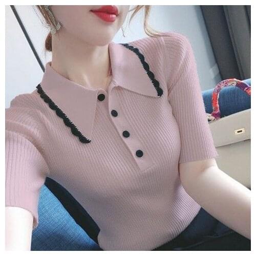 Peaked Lapel Pink Summer beauty Thin Office Lady Cloth Women T-shirts Knitting Crop Short Sleeve Stretchy T-shirt Ice silk Tops